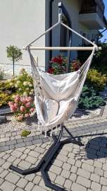 Krzesło brazylijskie beżowe boho / Fotel wiszący / Stelaż metal+ kokon