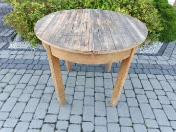 STÓŁ stary stół drewniany okrągły 90cm / Blat z listewek / Wys. 80cm