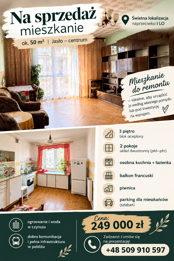 Mieszkanie w centrum Jasła  50 m | 2 pokoje | 3 piętro | 255 000 zł
