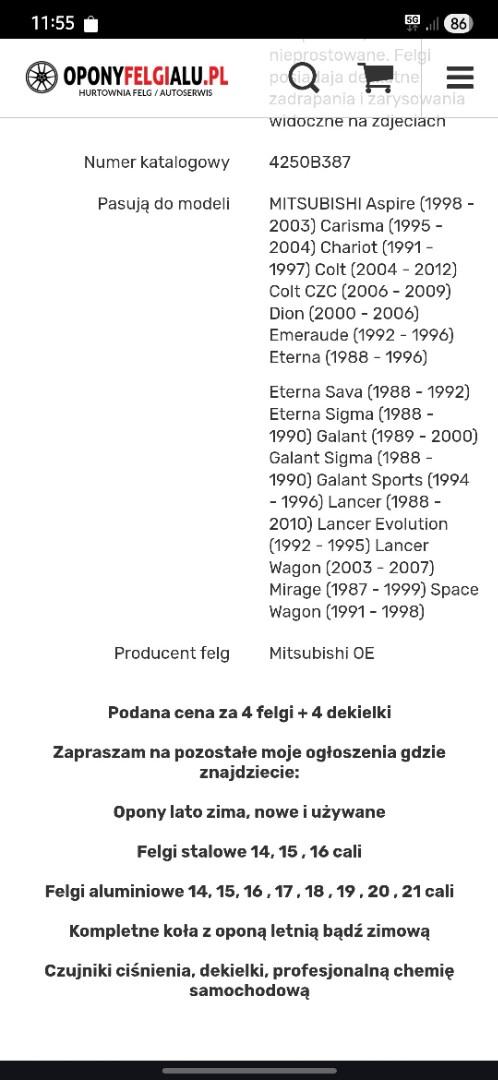 Felgi 16 cali do Colt, lancer, space wagon