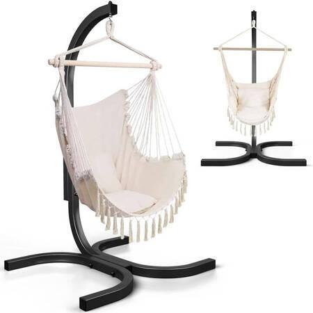 Krzesło brazylijskie beżowe boho / Fotel wiszący / Stelaż metal+ kokon