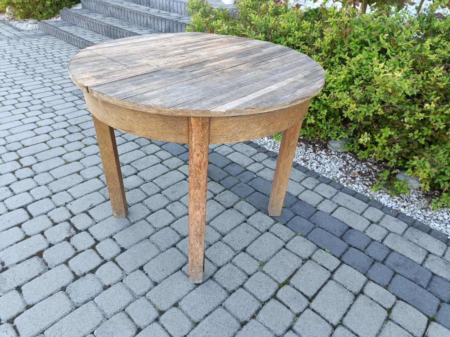STÓŁ stary stół drewniany okrągły 90cm / Blat z listewek / Wys. 80cm