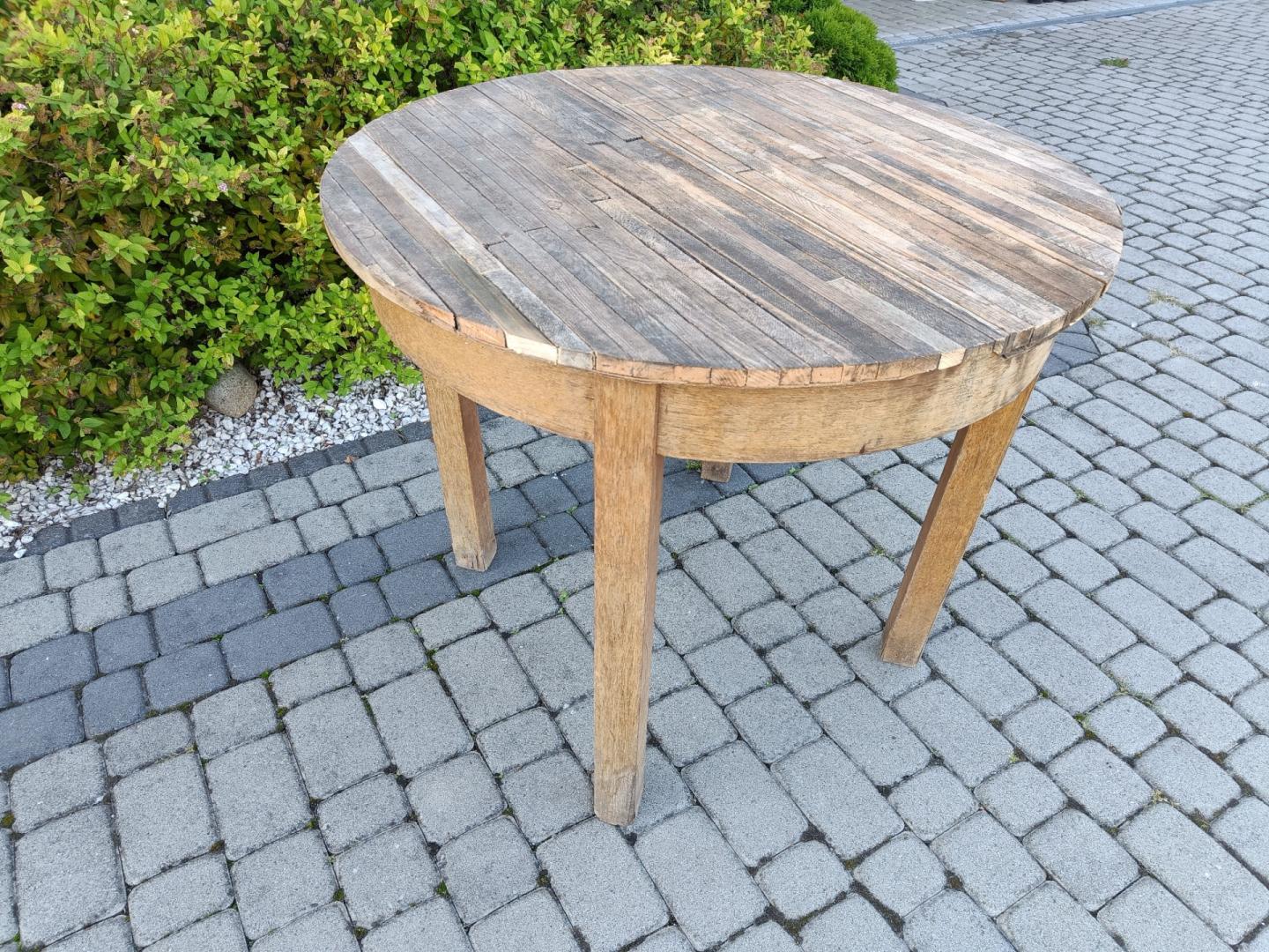 STÓŁ stary stół drewniany okrągły 90cm / Blat z listewek / Wys. 80cm