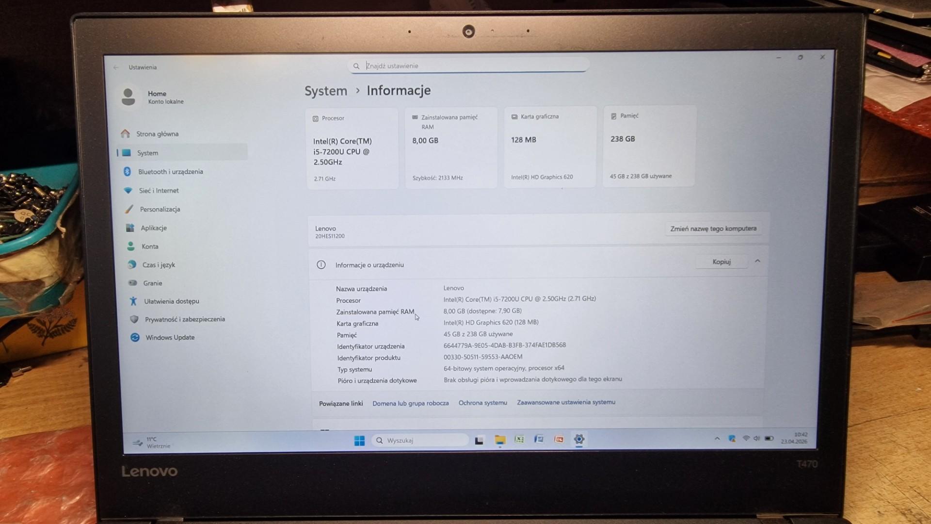 lenovo thinkpad t470 14" fhd ips i5-7200u 8gb ddr4 256gb ssd win11
