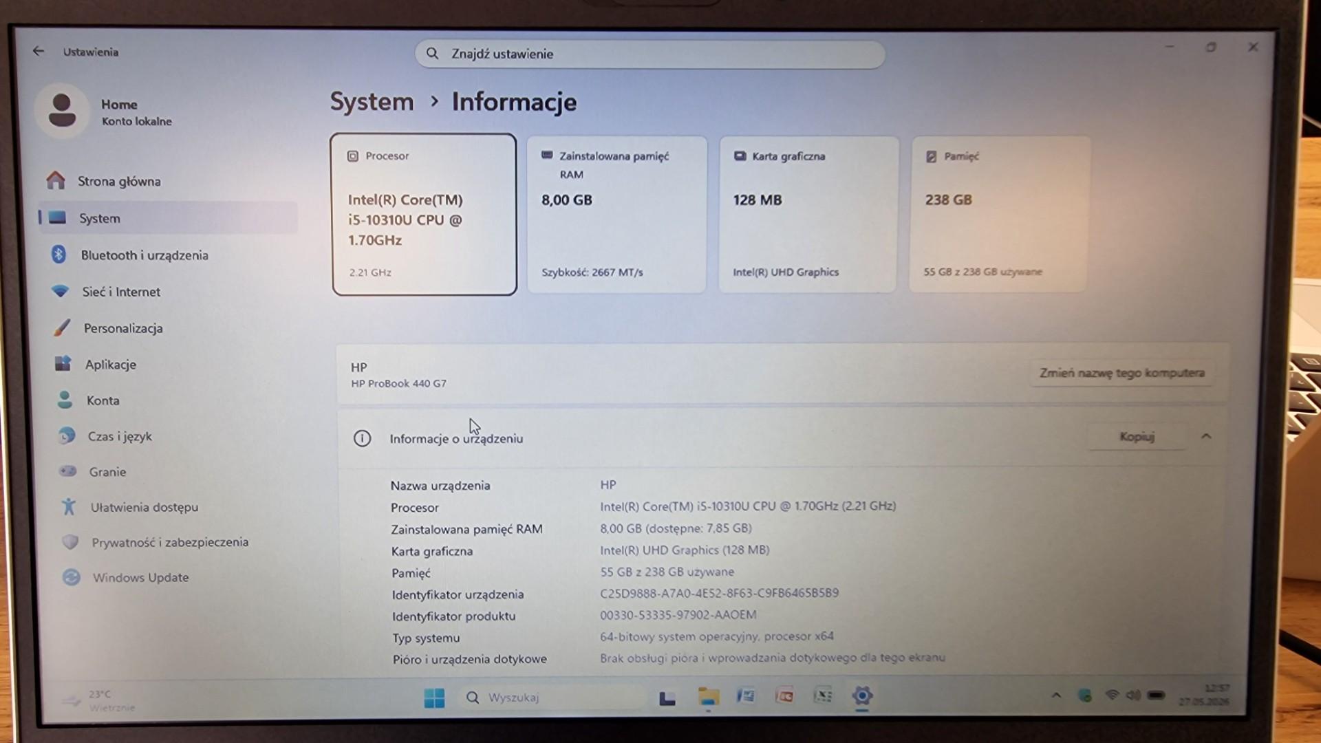 hp probook 440 g7 intel core i5-10310u 8gb ddr4 256gb ssd windows 11