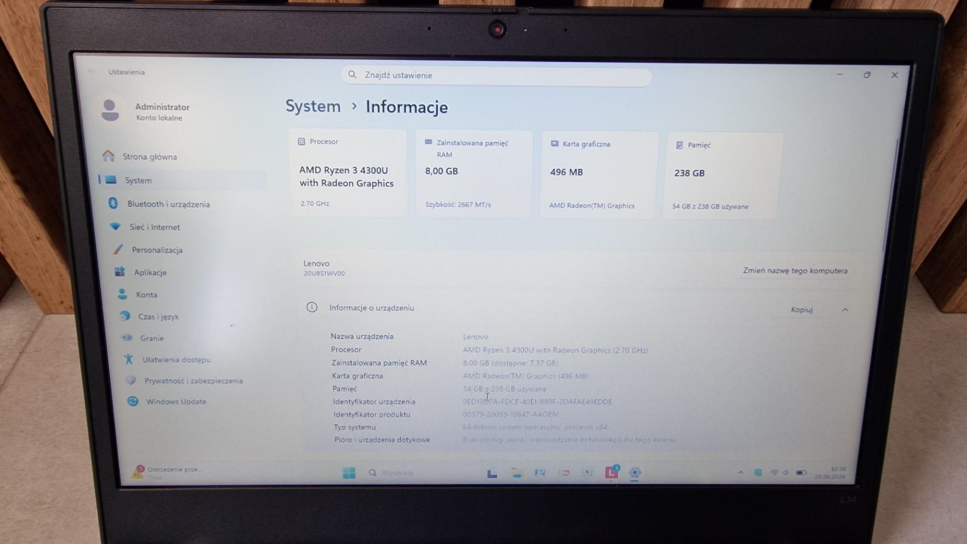 Lenovo ThinkPad L14 Gen1 14" Ryzen 3 4300u 8GB Ram 256GB SSD Windows 1