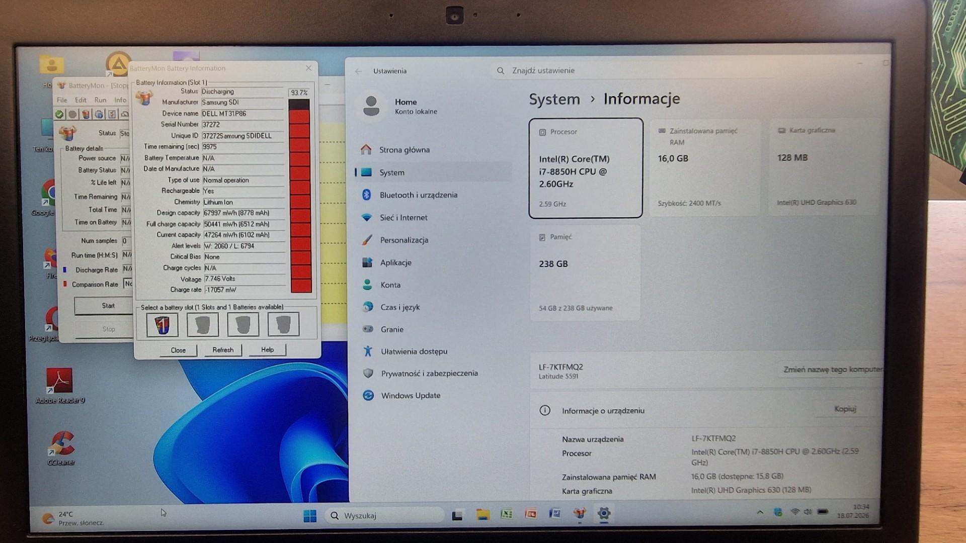 Dell latitude 5591 15,6" Full HD IPS i7-8850H 16GB Ram Dysk SSD Window