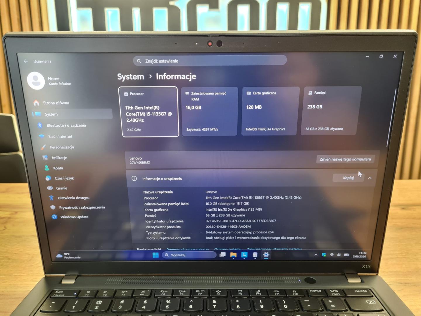 Lenovo ThinkPad X13 Gen 2 13,3" IPS 400 nit i5-1135G7 16GB Ram Dysk SS