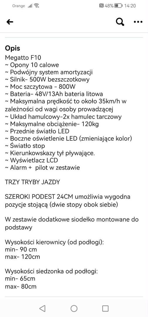 Hulajnoga elektryczna megatto f 10