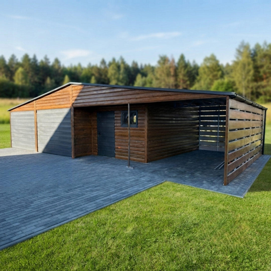 Garaż 6x6 + pomieszczenie gospodarcze 3x5 + wiata 3x6