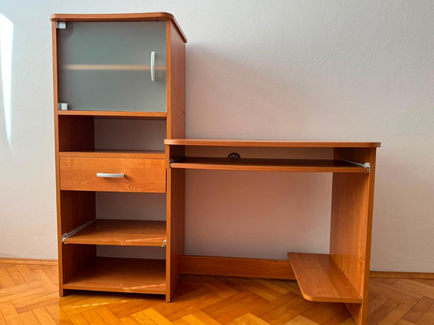 Biurko komputerowe z dostawką, szufladą i szafką + półka zawieszana